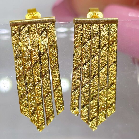 Vintage 14k Herringbone Chain Floral Pattern Chevron Dangle Italy Earrings - Picture 12 of 15